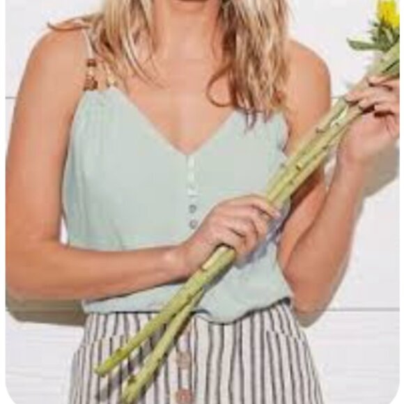 Stradivarius Green and Blue Striped Button Top - Picture 1 of 11